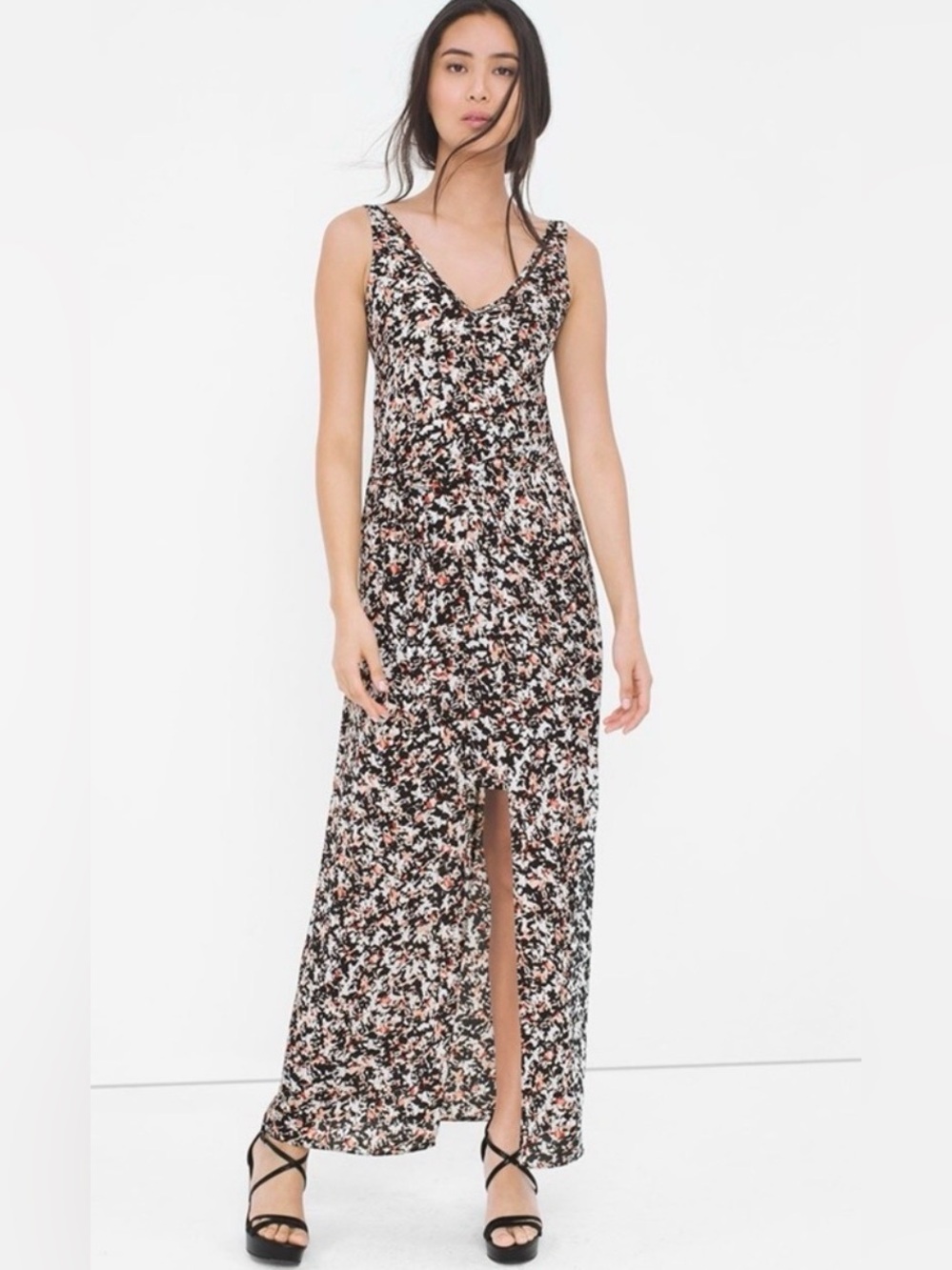 White House Black Market Black Floral Maxi Dress with Front Slit